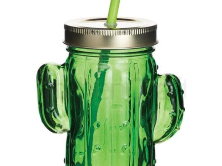 BarCraft Cactus Drinks Jar with Straw Green Glass, 400 ml Cheap