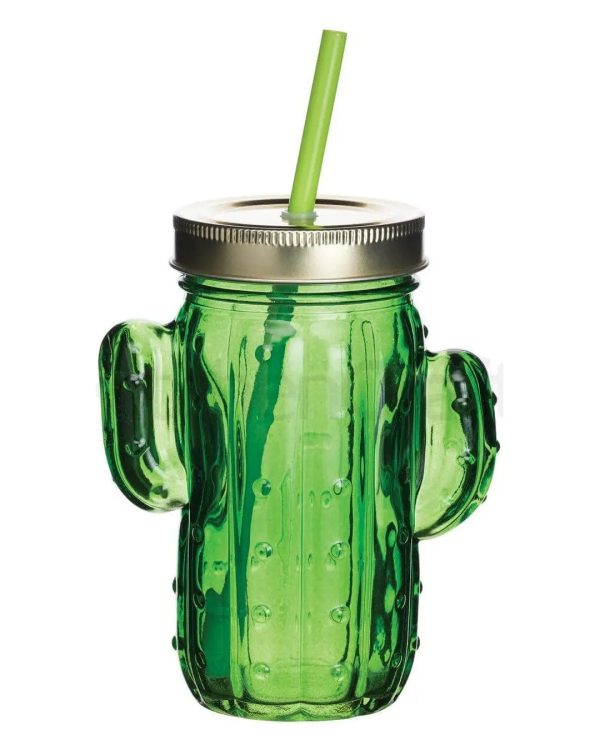 BarCraft Cactus Drinks Jar with Straw Green Glass, 400 ml Cheap