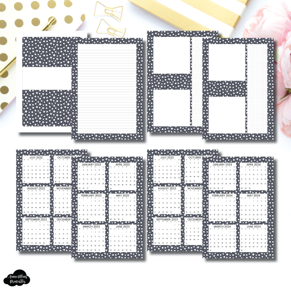 A5 Rings Size | Star Confetti 3 in 1: 2022 - 2024 Academic Yearly Overviews + Sticky Note Dashboard + Lined Printable Insert Supply