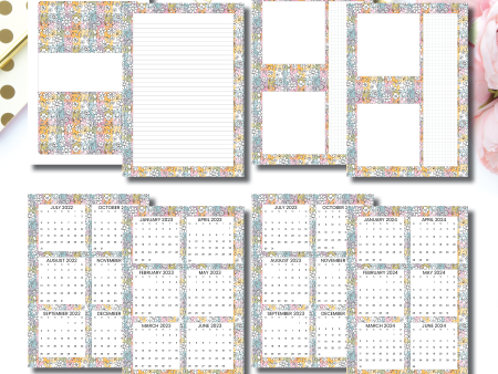 A5 Rings Size | Floral Rainbow Plaid 3 in 1: 2022 - 2024 Academic Yearly Overviews + Sticky Note Dashboard + Lined Printable Insert on Sale