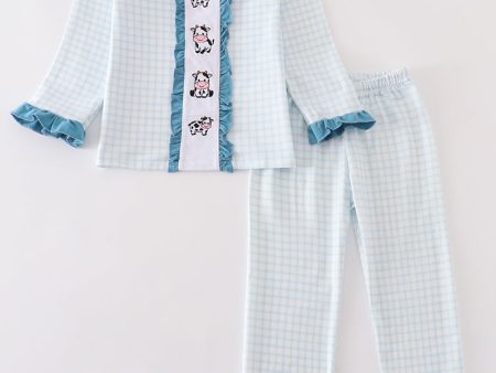 Blue gingham cow embroidery girl pajamas set Cheap