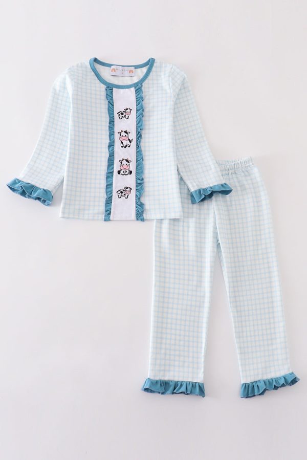 Blue gingham cow embroidery girl pajamas set Cheap