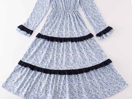 Blue floral print tiered mom ruffle dress Fashion