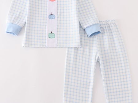 Blue pumpkin embroidery plaid boy set Cheap