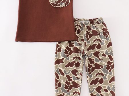 Brown camouflage ruffle girl set For Cheap