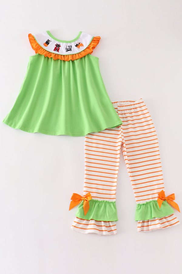 Green halloween cat embroidery girl set Online Sale