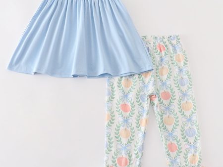 Blue pumpkin embroidery girl ruffle pants set Fashion