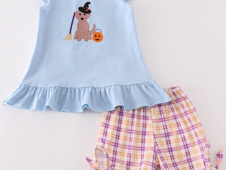 Blue halloween witch dog embroidery girl set Supply