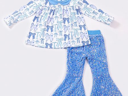 Blue bow print sequin girl pants set Online now