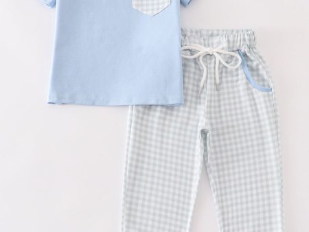 Blue gingham boy pants set Fashion