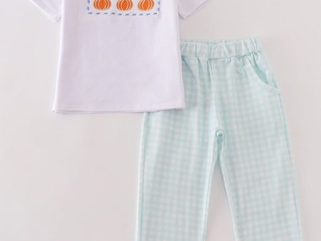 Blue plaid pumpkin embroidery boy set Sale