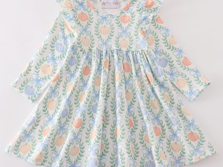 Green pumpkin bow print dress Supply