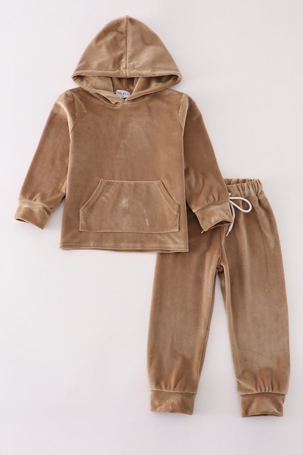 Beige velvet boy hoodie set Discount