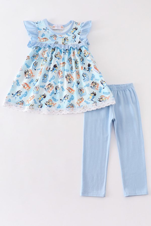 Blue character girl ruffle pants set Online Sale