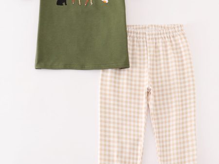 Gingham hunting embroidery girl pants set Online Hot Sale