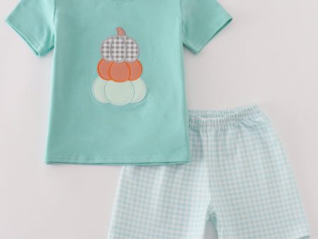 Blue pumpkin applique plaid boy set Hot on Sale