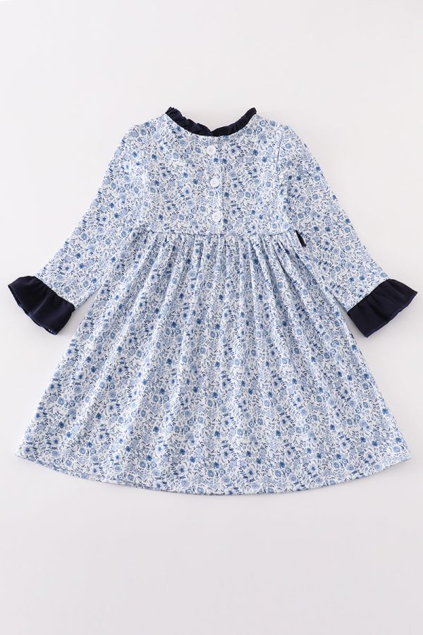 Blue floral print ruffle girl dress For Cheap