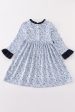 Blue floral print ruffle girl dress For Cheap