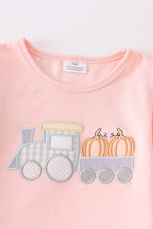 Beige train pumpkin applique girl set Fashion