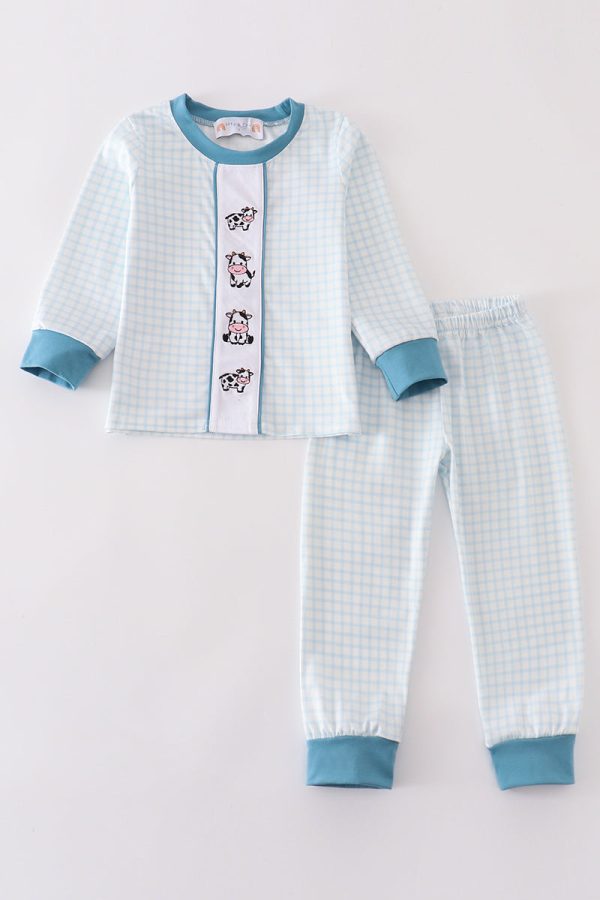 Blue gingham cow embroidery boy pajamas set Online Hot Sale