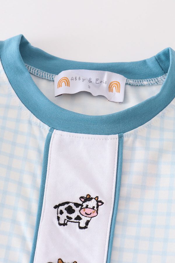 Blue gingham cow embroidery boy pajamas set Online Hot Sale