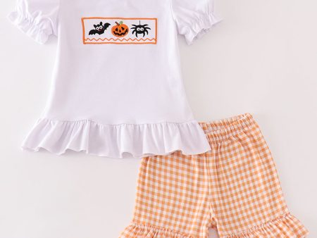 Orange halloween embroidery plaid girl set Supply