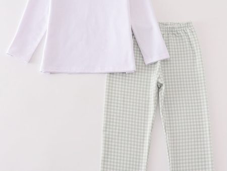 Sage turkey embroidery gingham boy pants set For Discount