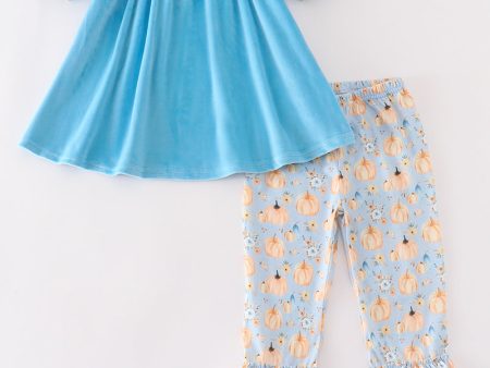 Blue velvet pumpkin embroidery girl set For Cheap