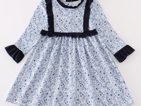 Blue floral print ruffle girl dress For Cheap