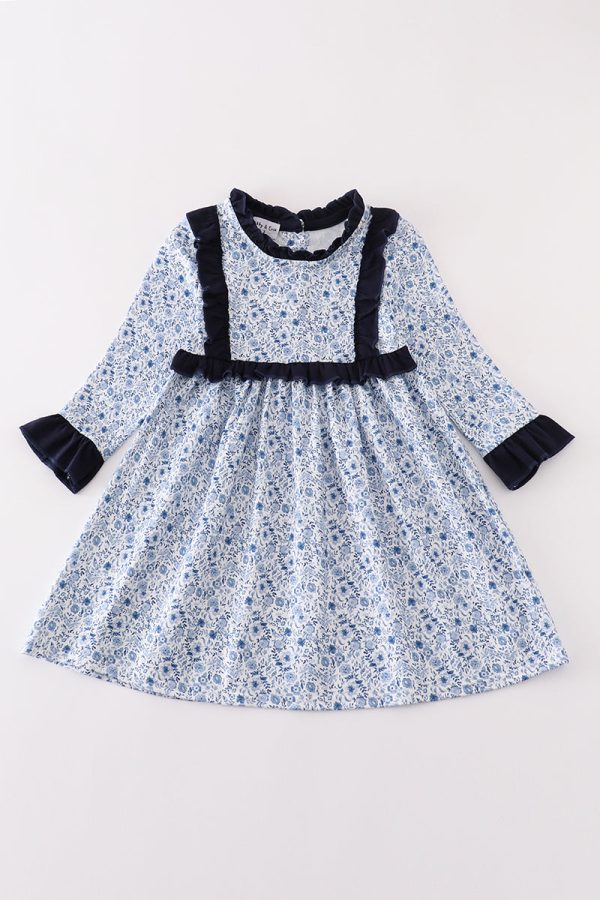 Blue floral print ruffle girl dress For Cheap