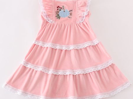 Pink velvet pumpkin embroidery tiered dress Fashion