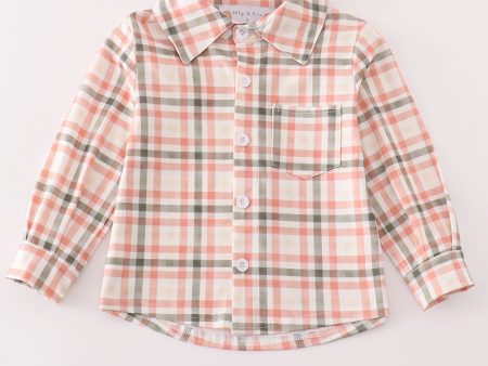 Green watercolor plaid boy button down shirt Online now