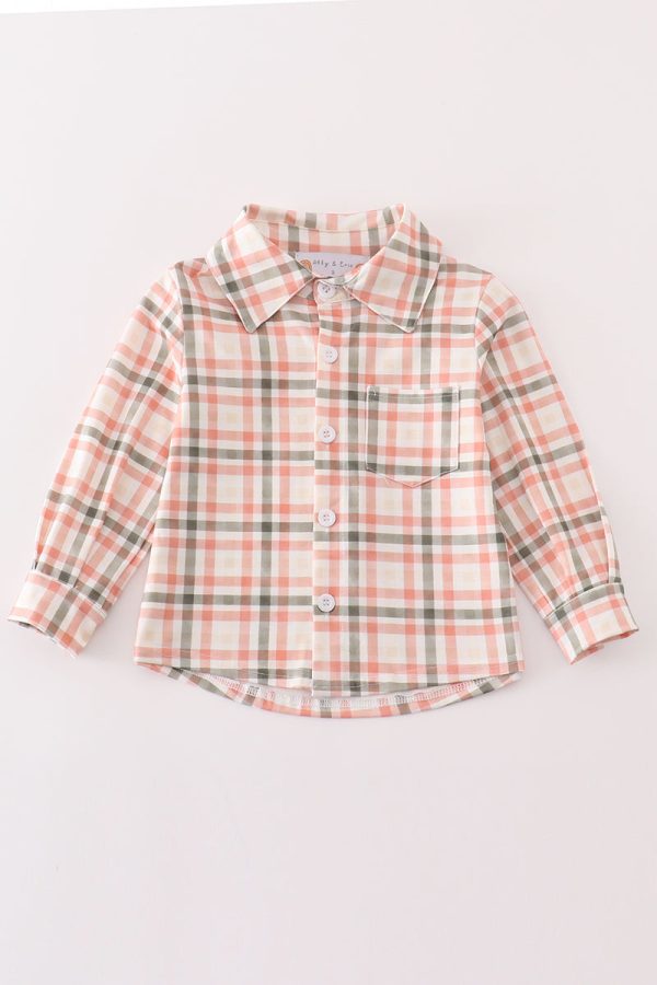 Green watercolor plaid boy button down shirt Online now