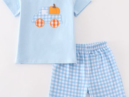 Blue truck pumpkin embroidery boy set on Sale