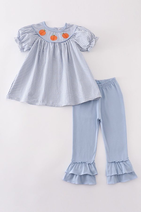 Blue gingham pumpkin embroidery girl set Online