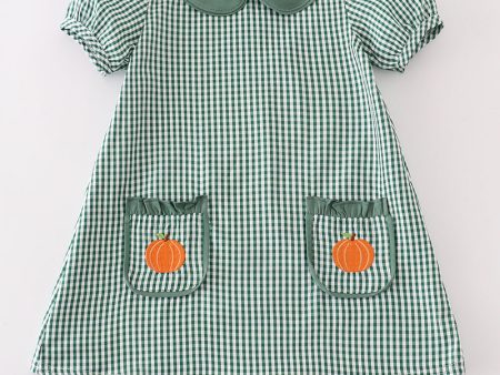 Green gingham pumpkin embroidery dress Online Sale