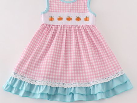 Pink plaid pumpkin embroidery ruffle dress Sale