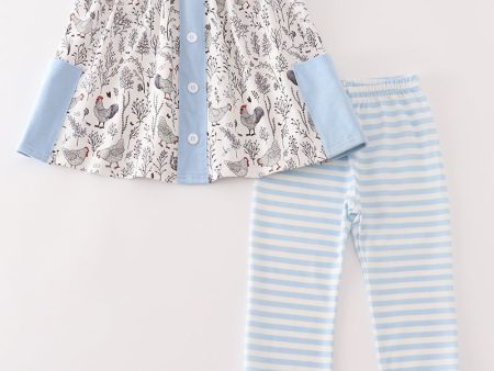 Blue stripe chicken print girl set Online now