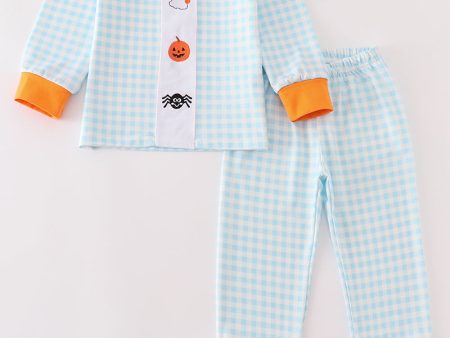 Blue halloween ghost pumpkin embroidery boy set For Cheap