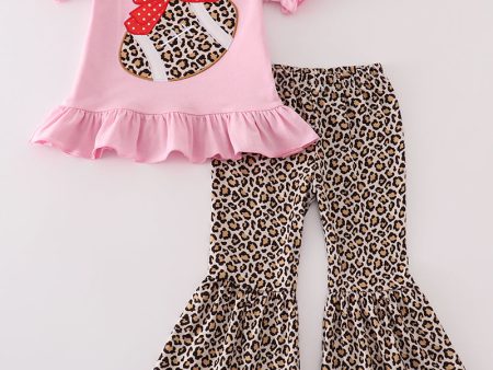 Pink leopard football applique girl set Supply