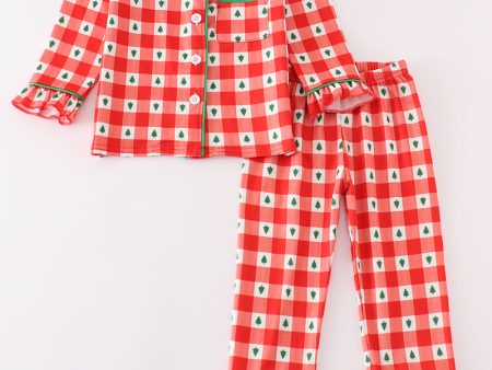 Red christmas tree gingham girl pajamas set Sale