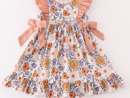 Coral floral print ruffle dress For Cheap