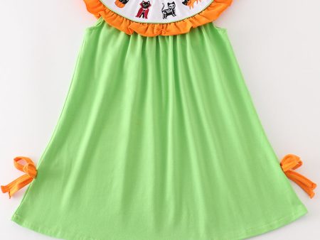 Green halloween cat embroidery dress For Cheap