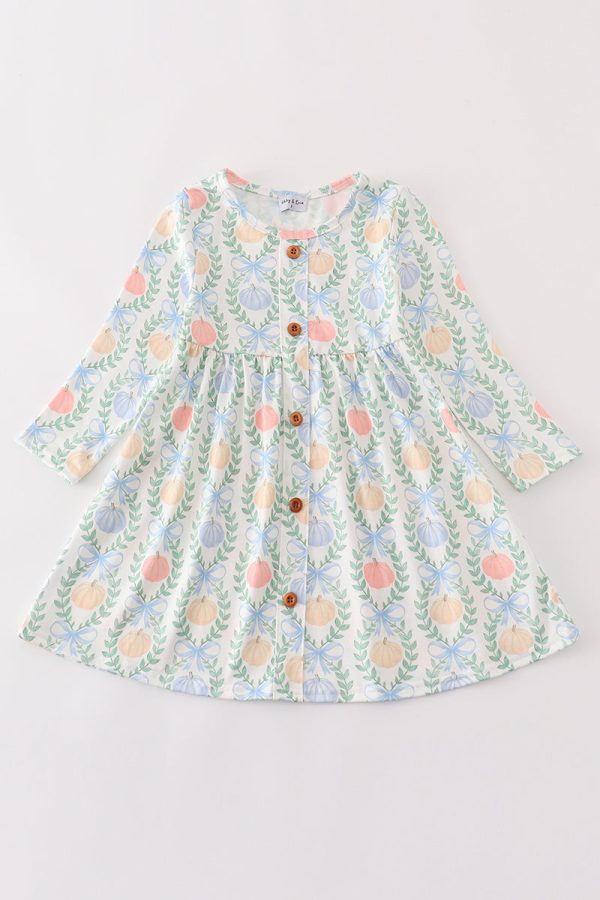 Blue pumpkin print girl dress For Cheap