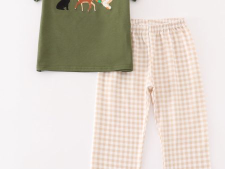 Gingham hunting embroidery boy set For Discount