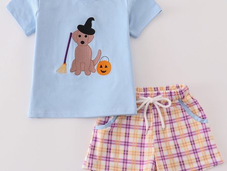 Blue halloween witch dog embroidery boy shorts set Discount