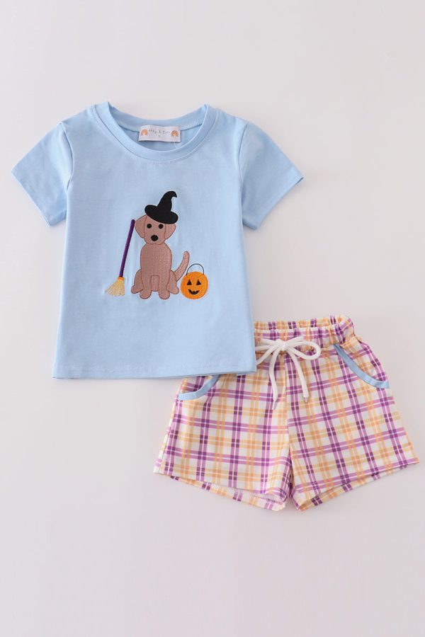 Blue halloween witch dog embroidery boy shorts set Discount