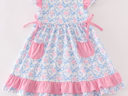 Pink bow print ruffle dress For Sale