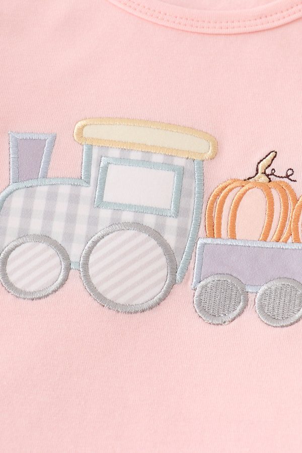 Beige train pumpkin applique girl set Fashion