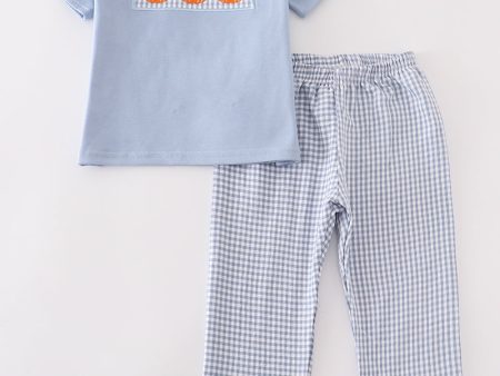 Blue gingham pumpkin embroidery boy set For Discount